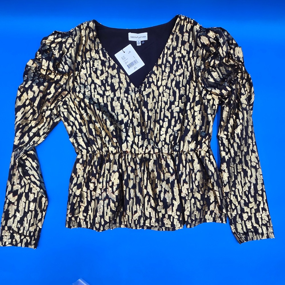 Gibson Latimer Metallic Gold Black Puff Sleeve Peplum‎ Blouse G1486LUV S NEW